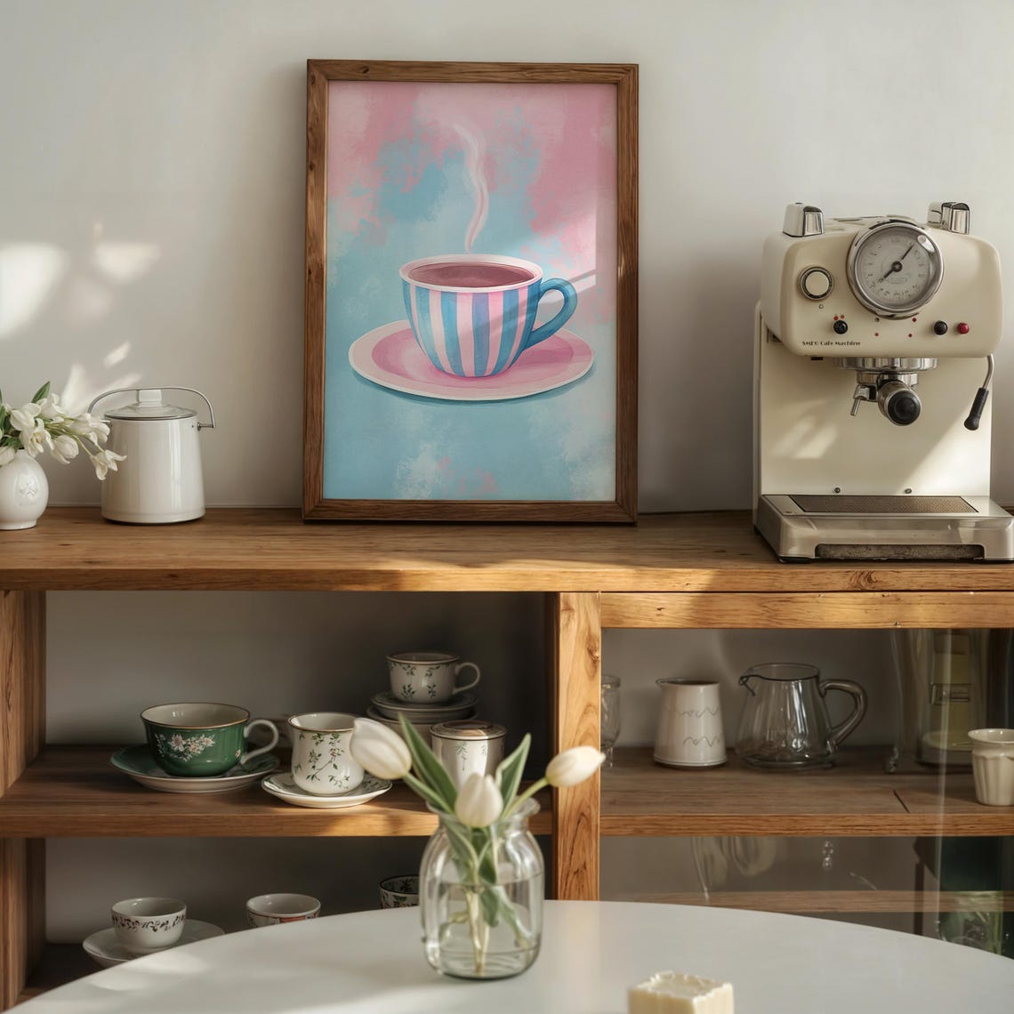 Tea Cup Wall Art Cute Painterly Kitchen Print Pink And Blue Striped Decor Trendy Poster Artsy Lover Gift Charming - Image 3