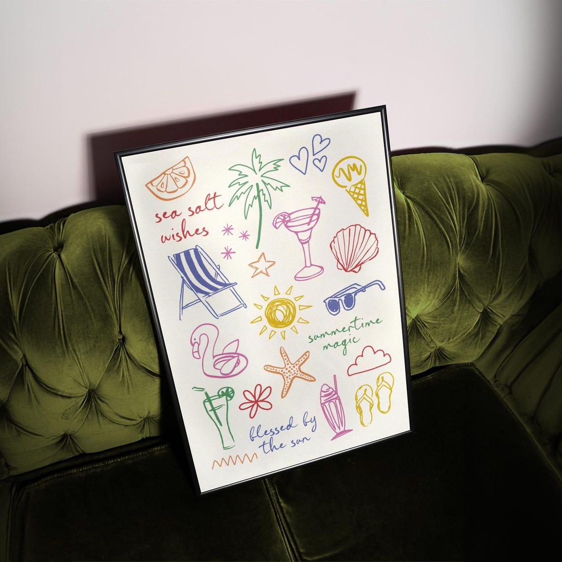 Summer Doodles Sea Salt Wishes Colorful Beach Icons Collage Poster - Image 2