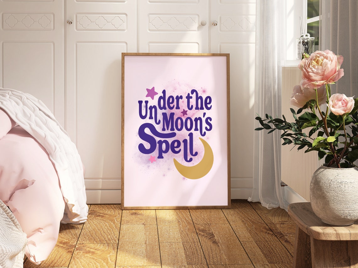 Under The Moon's Spell Celestial Pink Purple Crescent Stars Poster - Image 2