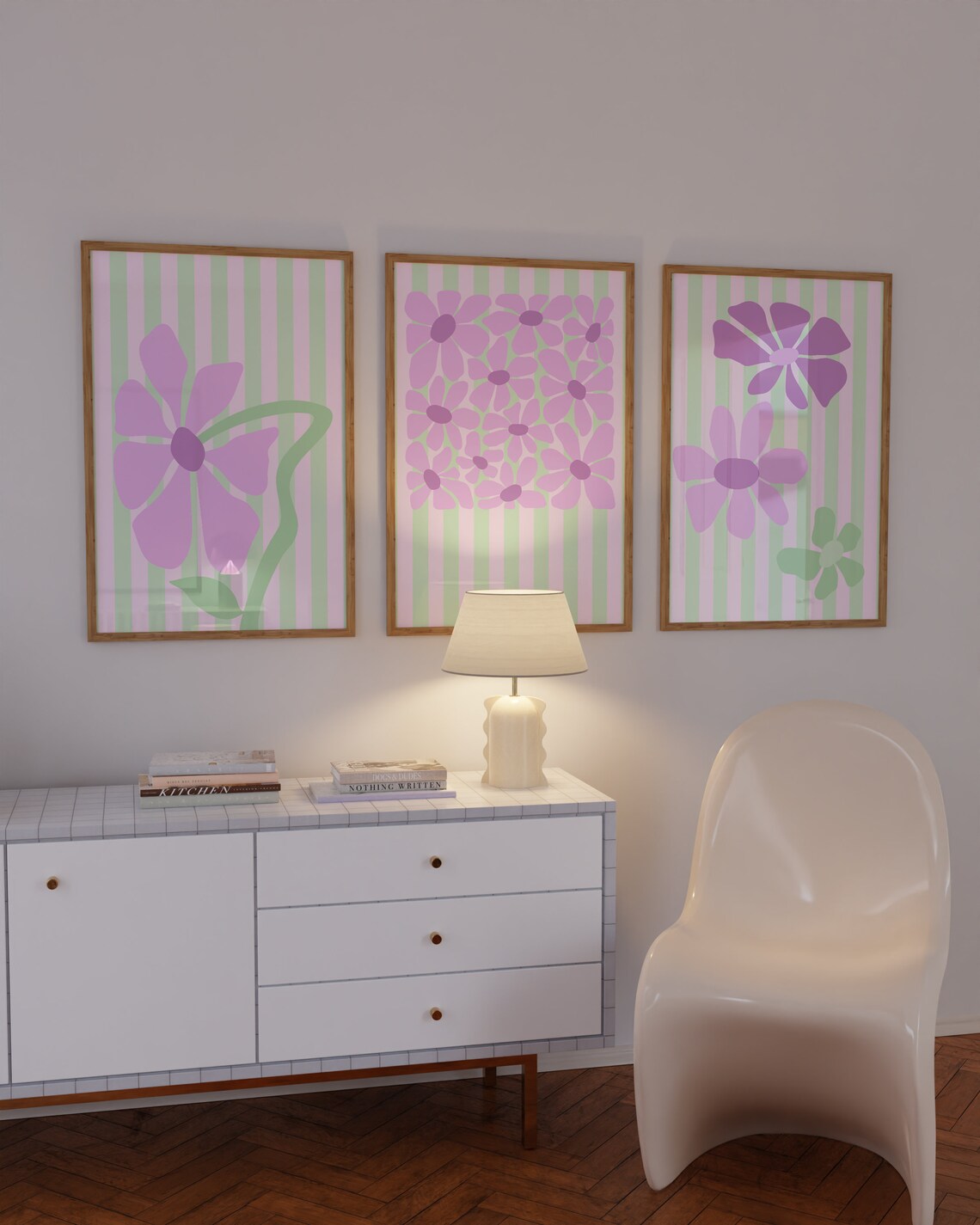 Lime And Lilac Stripes With Abstract Flowers Print - Image 2
