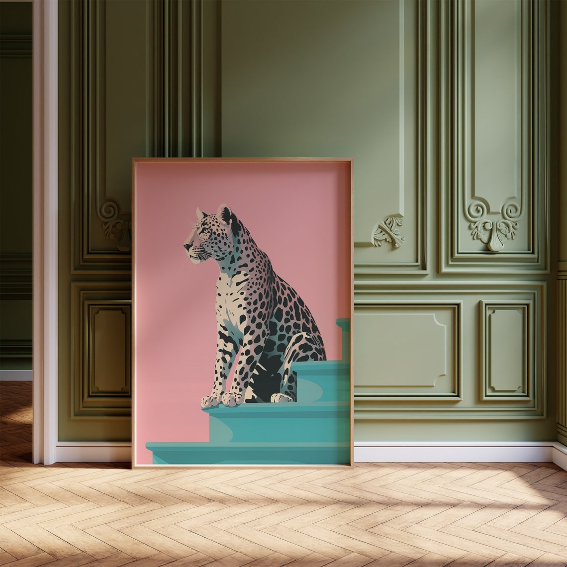Trendy Leopard On Stairs Pink Blue Retro Pop Art Animal Print - Image 2