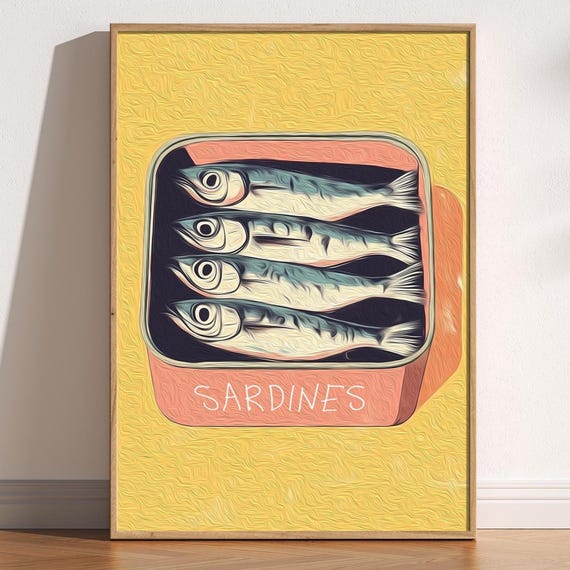 Retro Sardine Tin Fish Poster, Quirky Vintage Seafood