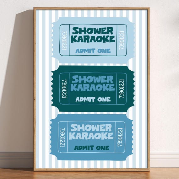 Shower Karaoke Ticket Print Funny Bathroom Art Cute Trendy Retro En Suite Singing Blue Stripy Poster
