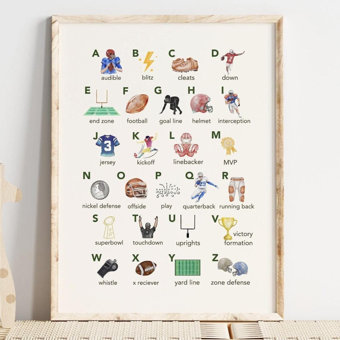Football Alphabet Nursery Print, Watercolor Art Print
