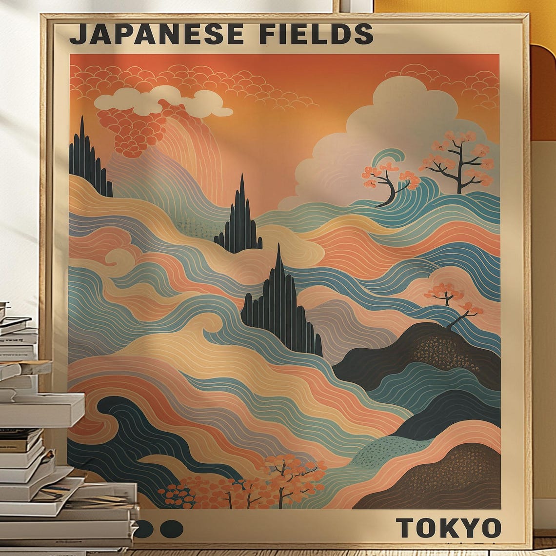 Japanese Fields Tokyo Retro Travel Illustration Orange Sunset Poster