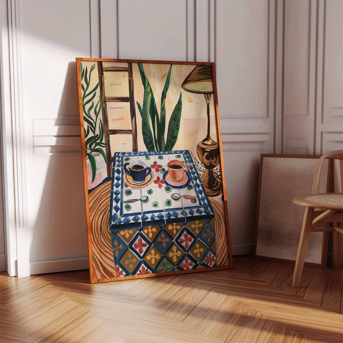Cozy Coffee Cups on Colorful Mosaic Tile Table Lamp Art Poster - Image 2