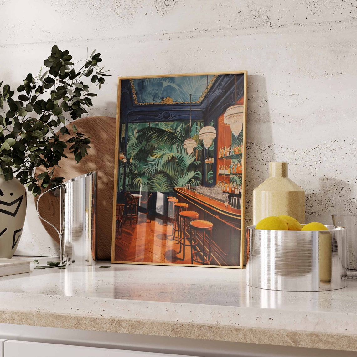 Tropical Palm Bar Interior Lounge Chandelier Oil Painting Poster - Image 3