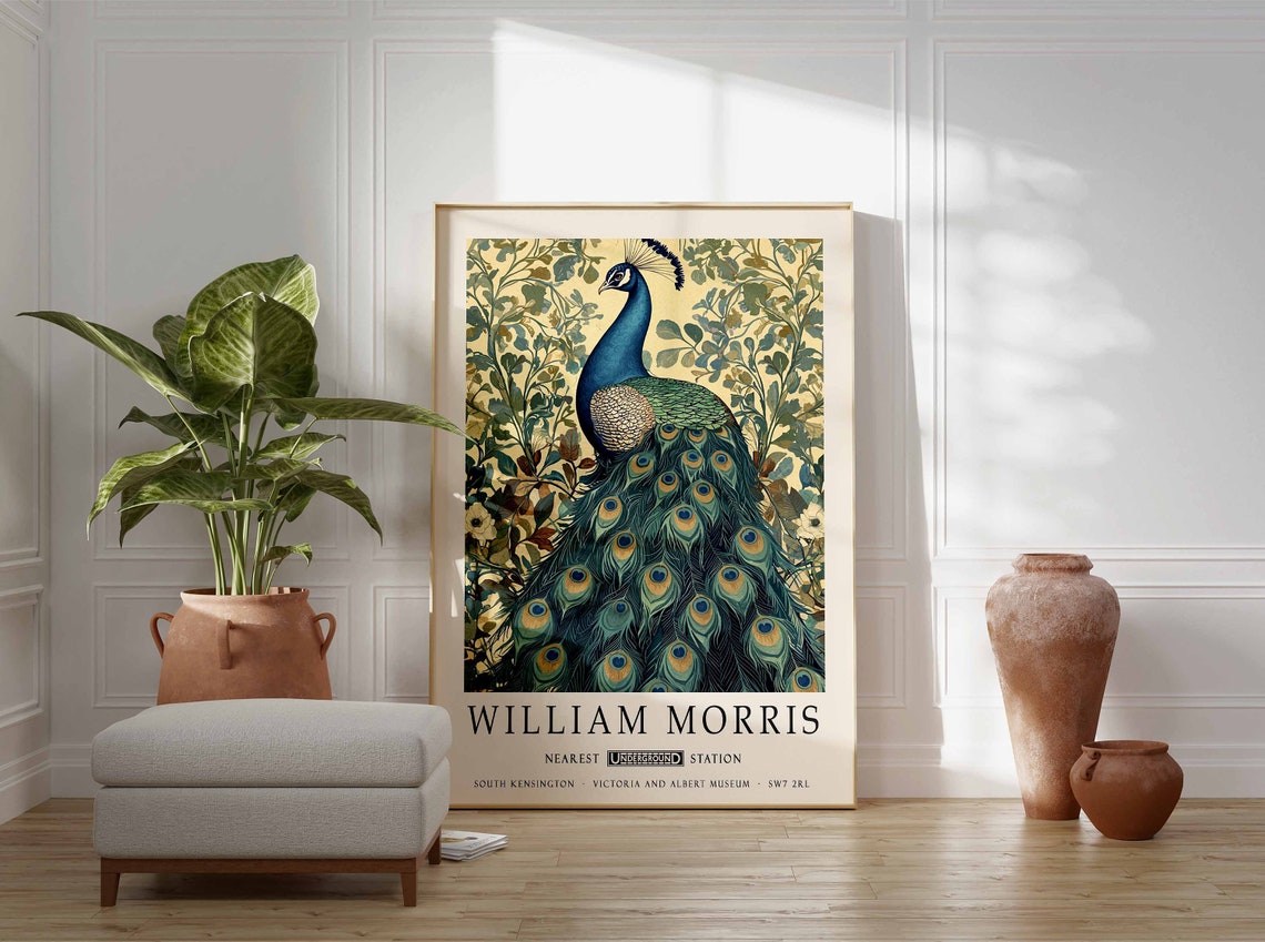 William Morris Peacock Vintage Cream Leafy Botanical Art Poster - Image 3