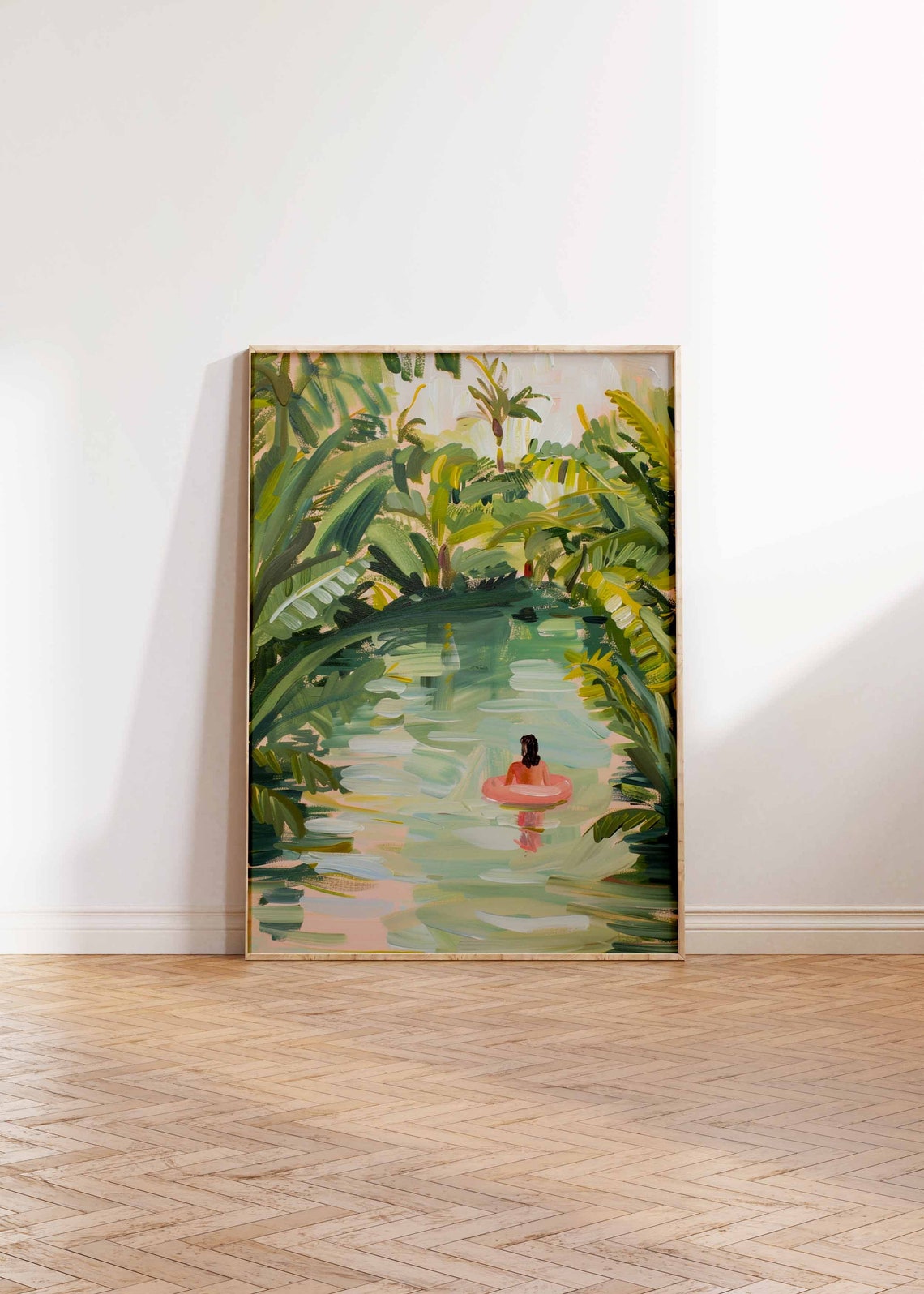 Woman Floating on Pink Ring in Lush Jungle Pool Tropical Poster - Image 3