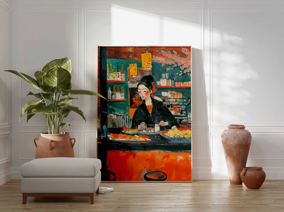 Japanese Sushi Bar Chef Painting Izakaya Restaurant Scene Poster - Image 3