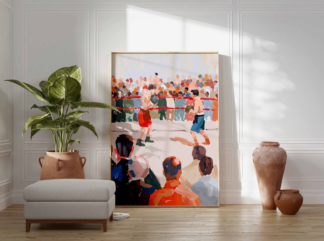 Bright Vintage Boxing Match Crowd Arena Retro Painted Sports Poster - Image 2