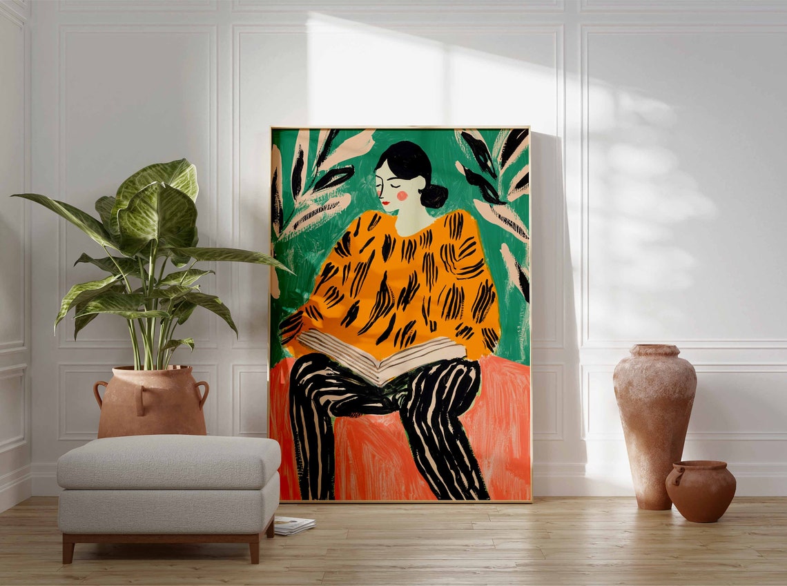 Woman Reading Book Orange Sweater Portrait Bold Color Art Poster - Image 2