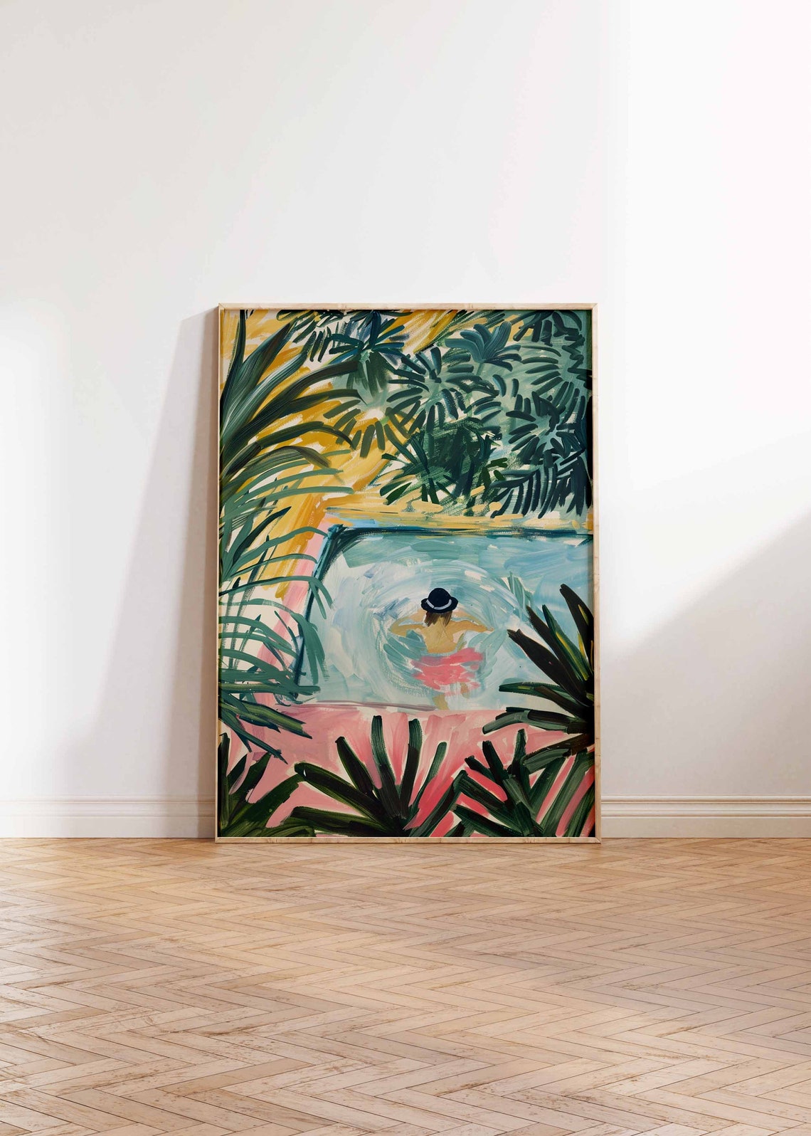 Boho Woman Swimming in Tropical Pool Among Palm Leaves Poster - Image 3