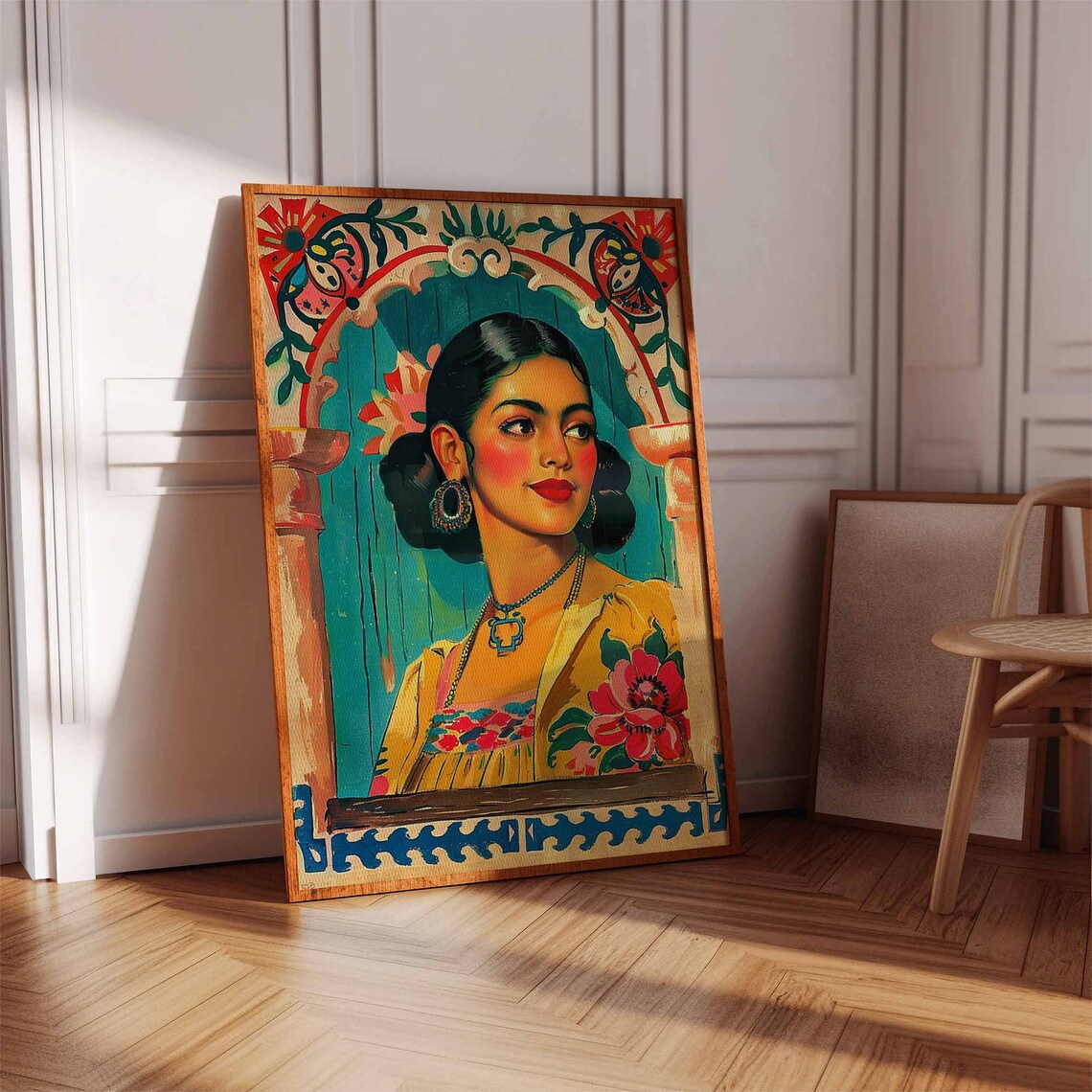 Latina Woman Portrait Under Teal Arch Vintage Folk Style Poster - Image 3