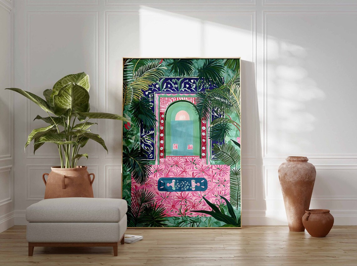 Tropical Arch Door Green Palms Pink Floral Garden Art Poster - Image 2
