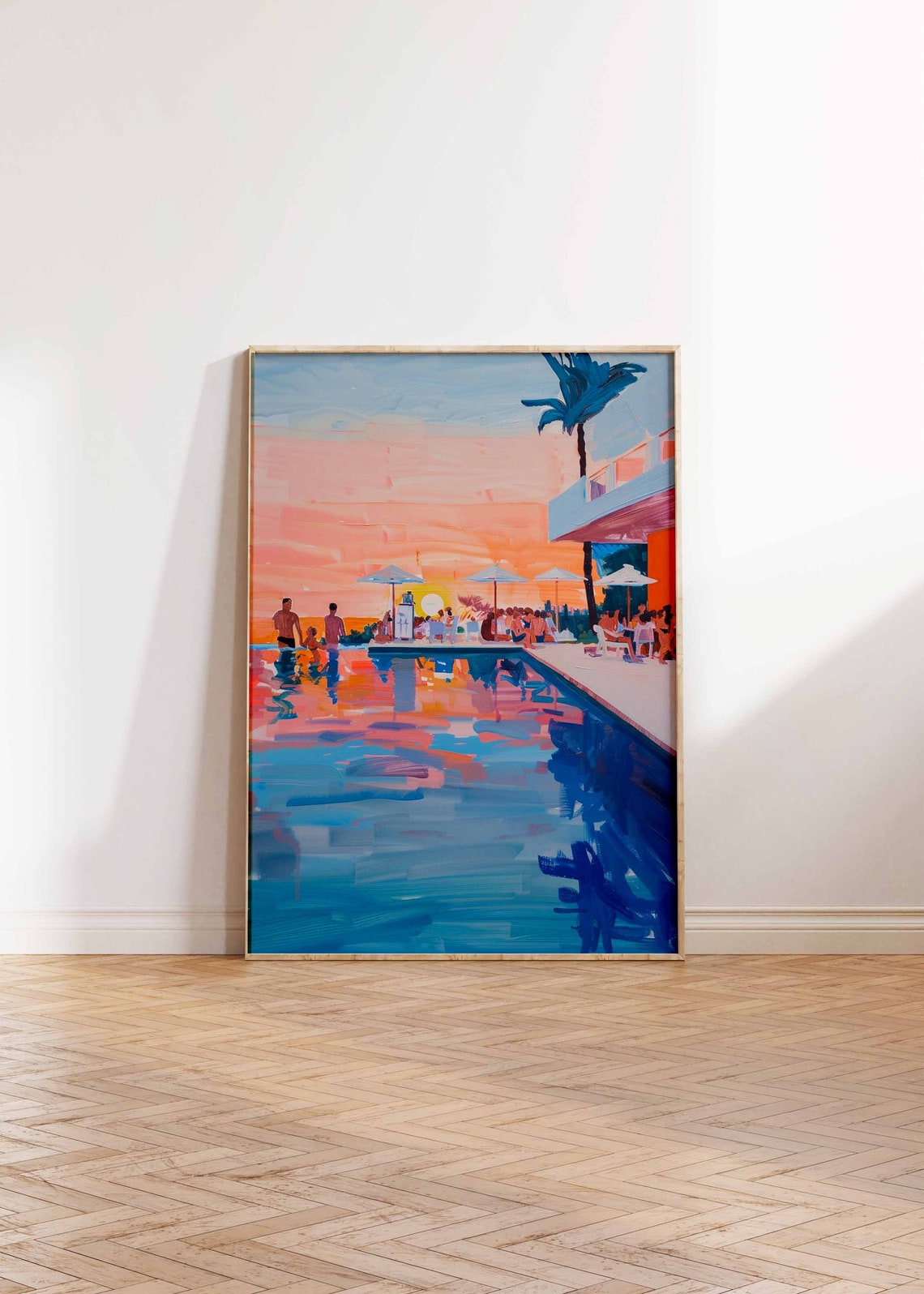 Sunset Poolside Gathering Umbrellas Modern Terrace Art Poster - Image 3