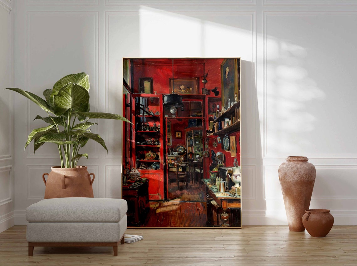 Red Vintage Antique Shop Interior Curios Glassware Moody Art Print - Image 3