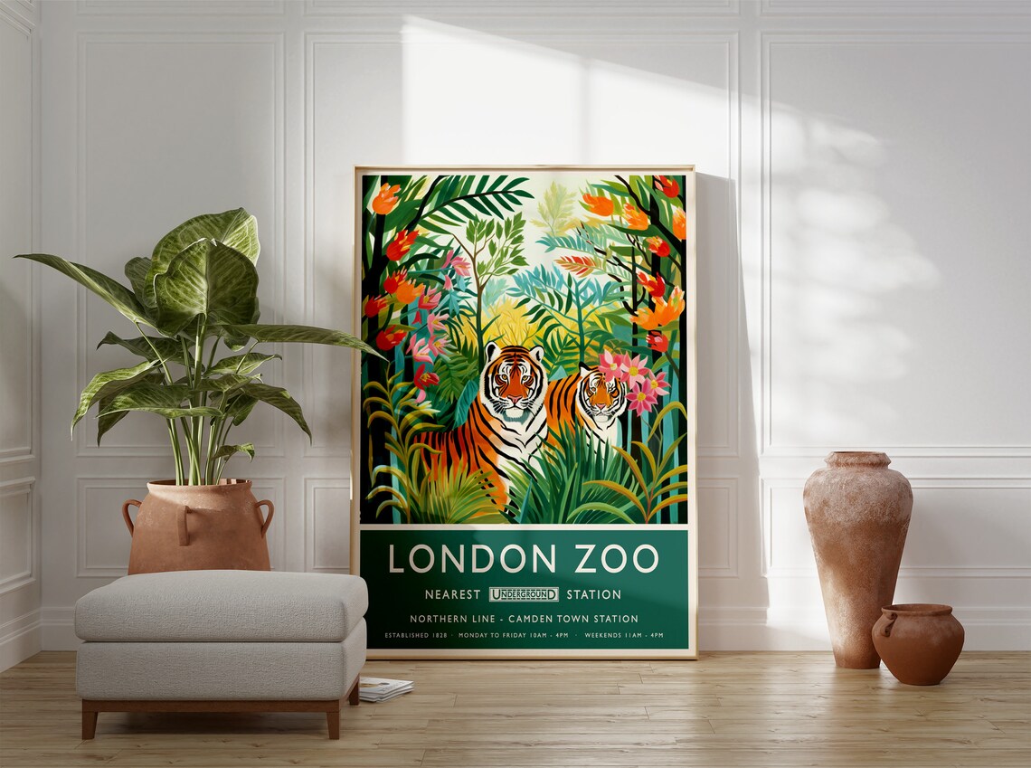 London Zoo Tigers Jungle Rousseau Style Vintage Travel Poster - Image 2