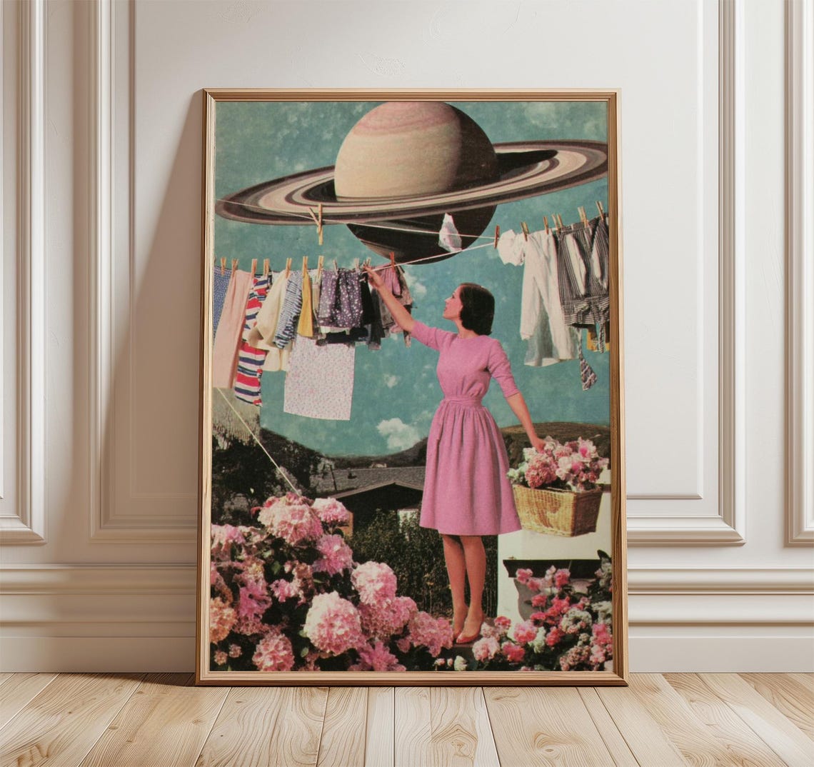 Retro Surreal Saturn Giant Planet Woman Flowers Collage Art Poster
