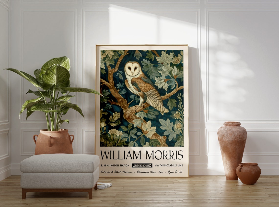 William Morris White Barn Owl on Leafy Branch Botanical Style Poster - Image 3