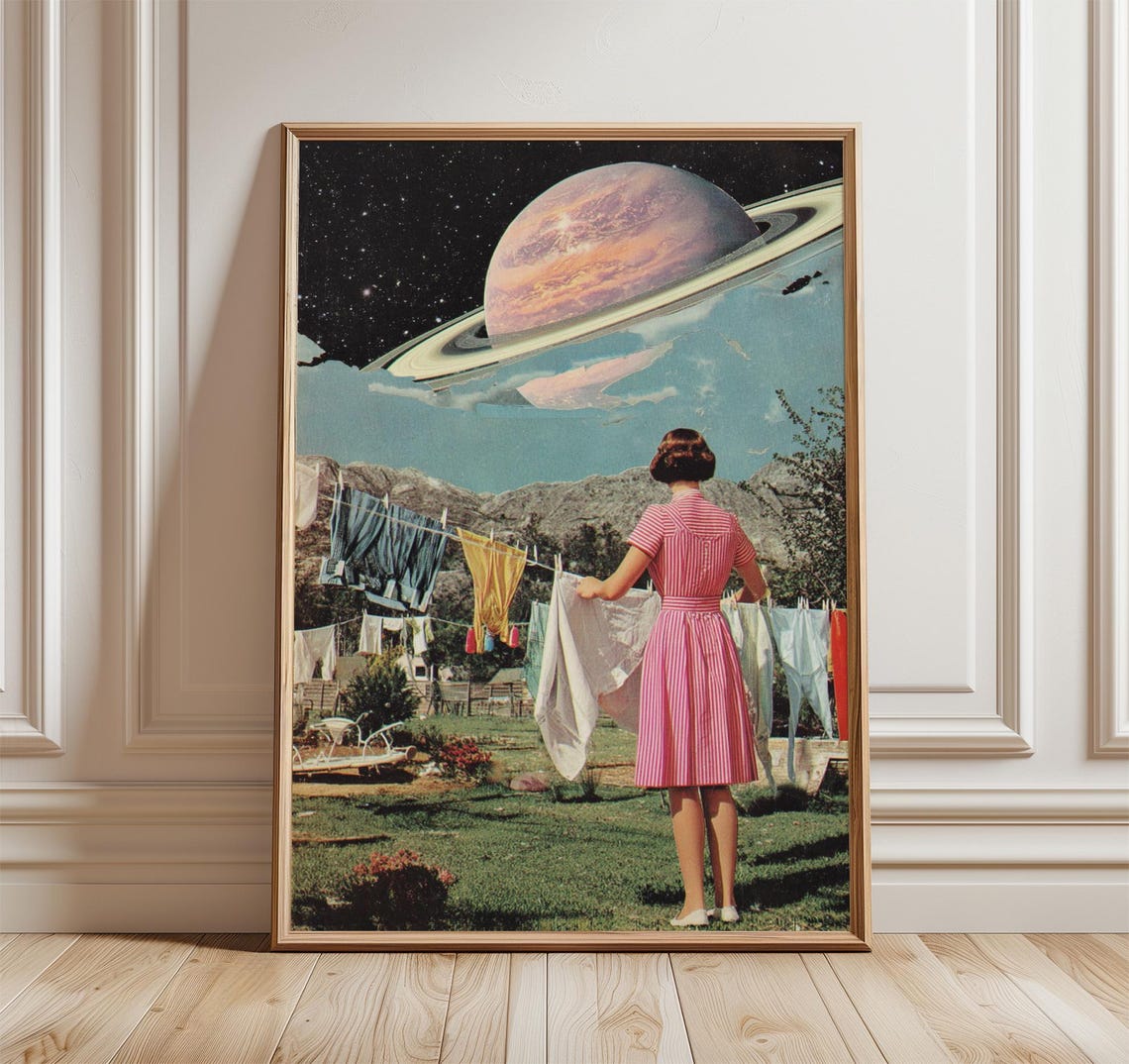 Retro Surreal Saturn Night Sky Collage Woman Laundry Art Poster