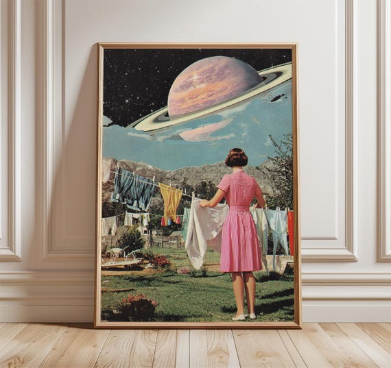 Retro Surreal Saturn Poster Cosmic Collage Wall Art Vintage Woman In Garden Print Dreamlike Space Artwork Whimsical Universe Decor