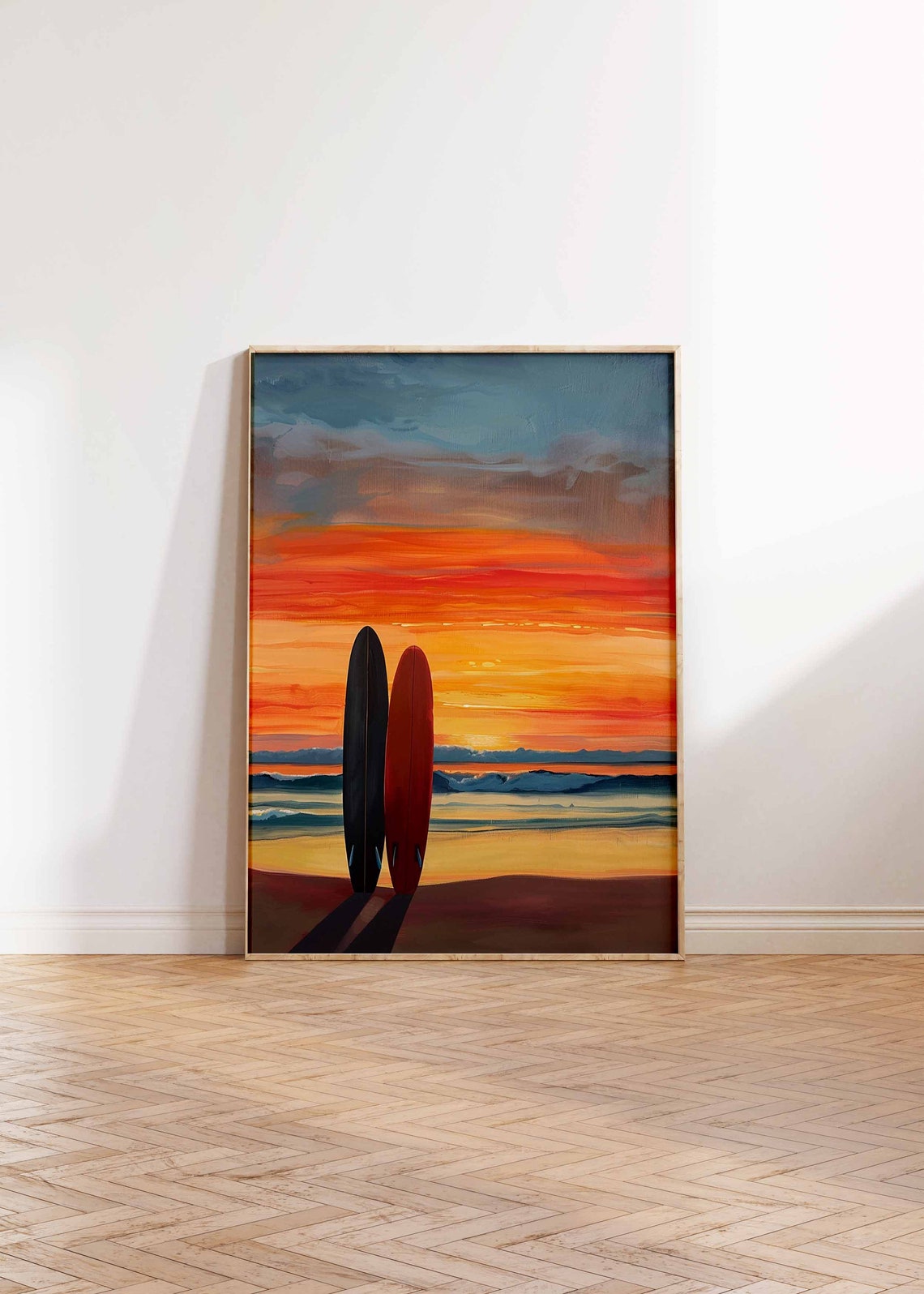 Two Surfboards on a Beach at a Fiery Sunset Ocean Wave Poster - Image 2