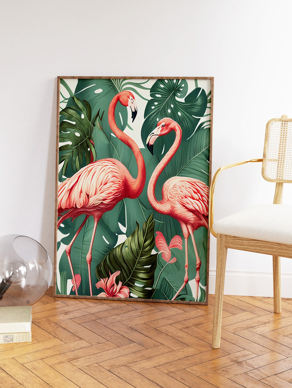 Two Pink Flamingos Tropical Monstera Leaf Botanical Art Print - Image 2