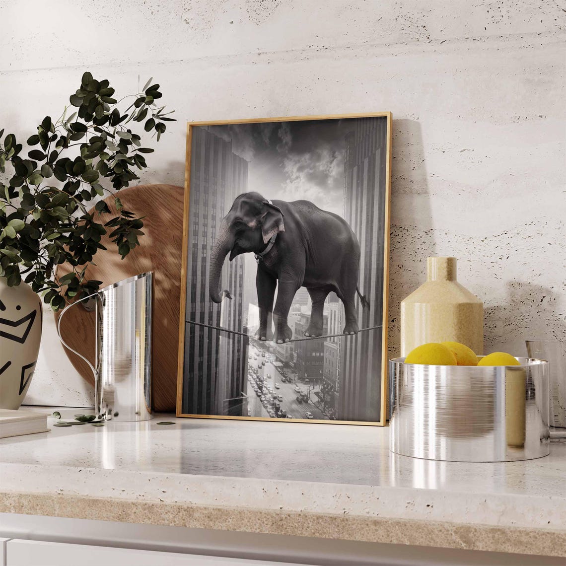 Elephant Walking Tightrope Between Skyscrapers Surreal City Poster - Image 2