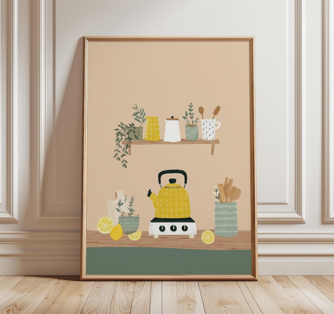Yellow Kettle Poster, Scandinavian Kitchen Wall Art