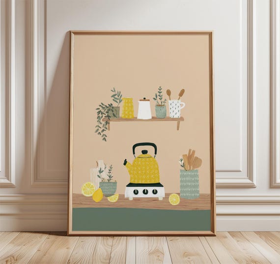 Yellow Kettle Poster, Scandinavian Kitchen Wall Art