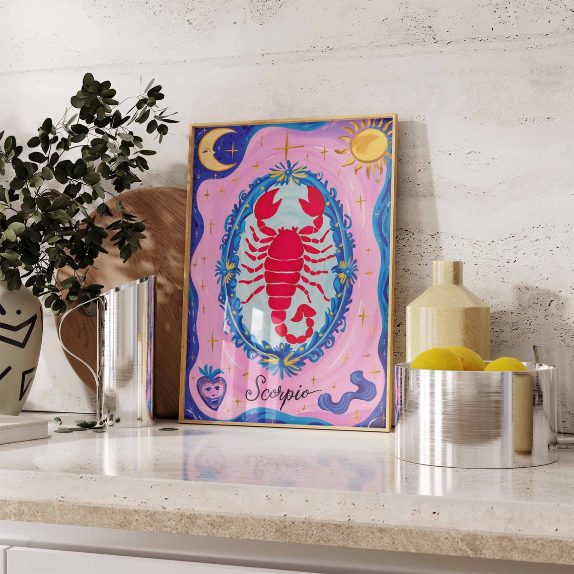 Scorpio Zodiac Scorpion Ornate Blue Frame Pink Celestial Poster - Image 3