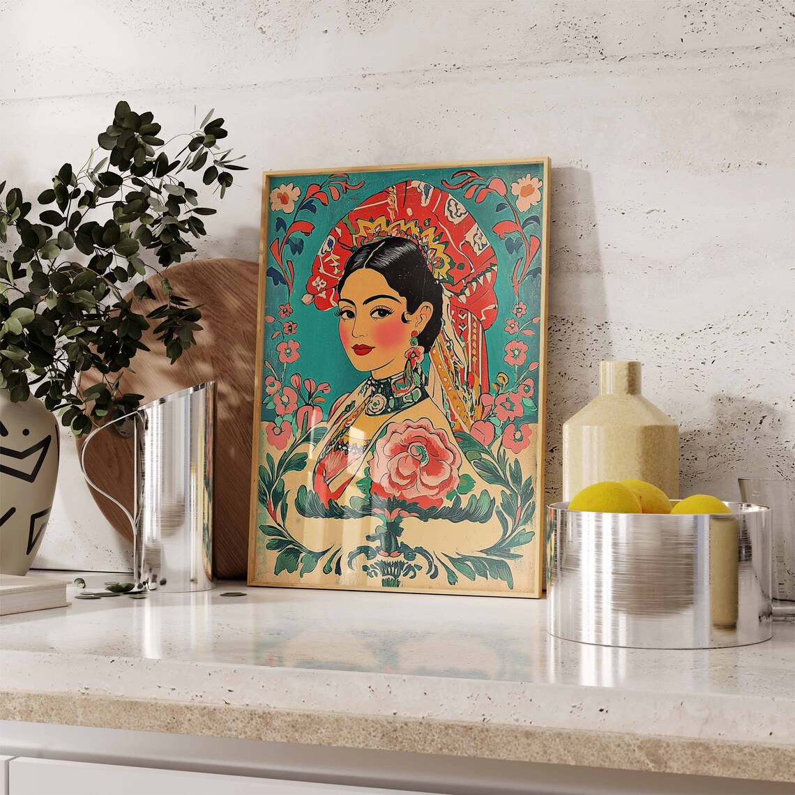 Gorgeous Elegant Latina Woman in Red Headscarf Rose Folk Art Poster - Image 2