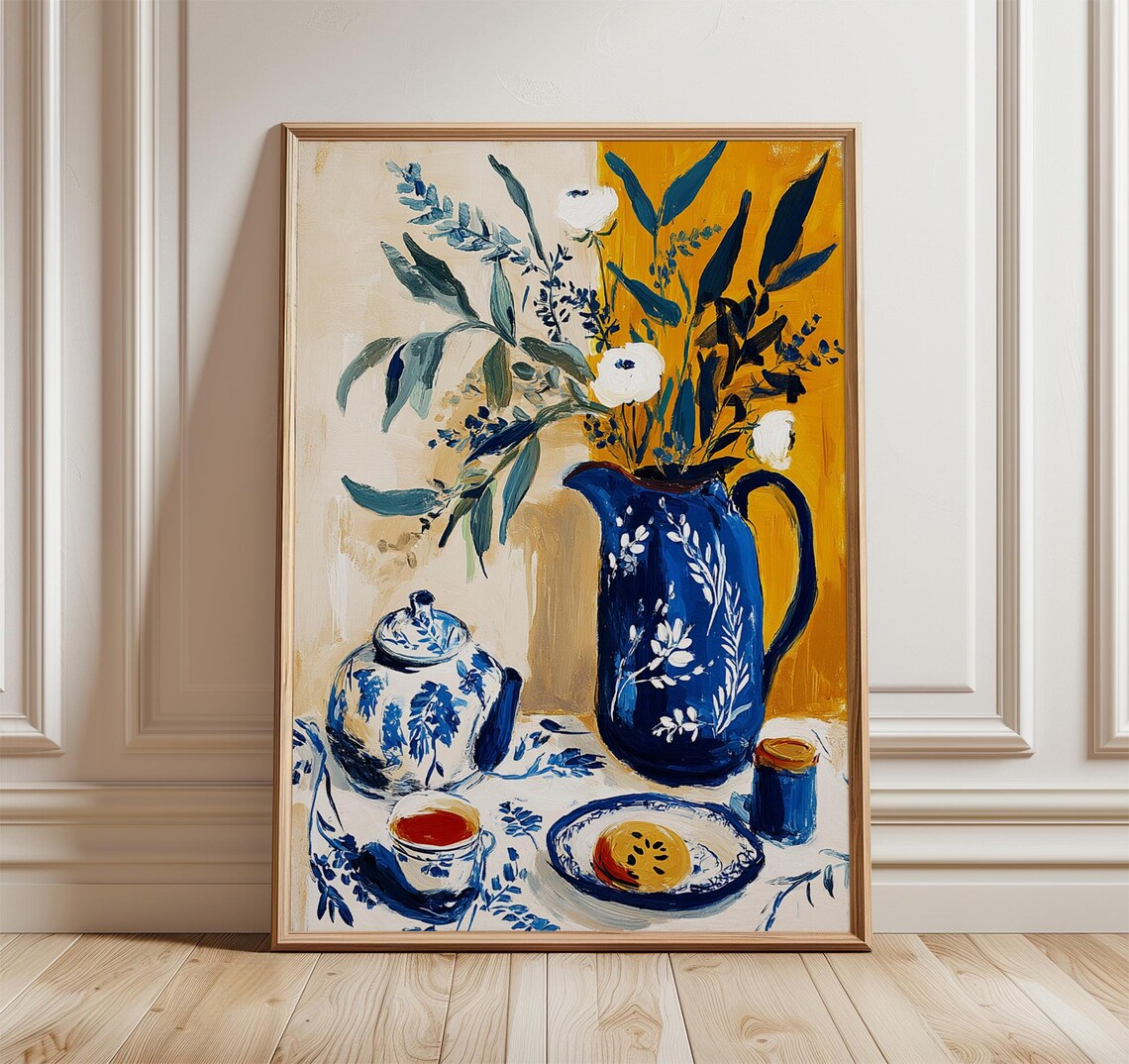 Blue and White Floral Still Life Vintage Tea Set Art Print