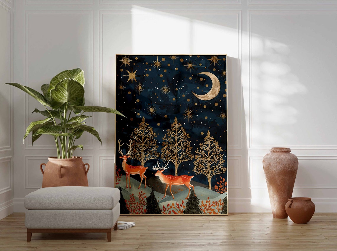 Two Orange Deer Under Starry Night Sky With Golden Trees Poster - Image 3