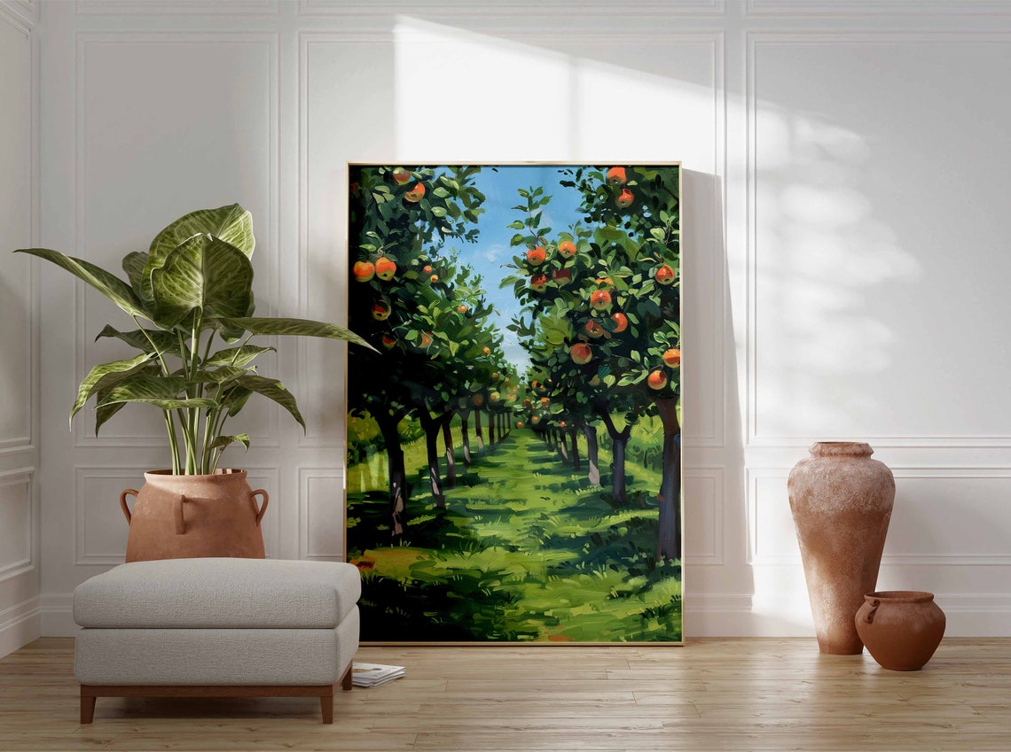 Sunlit Apple Orchard Rows Impressionist Harvest Painting Poster - Image 3