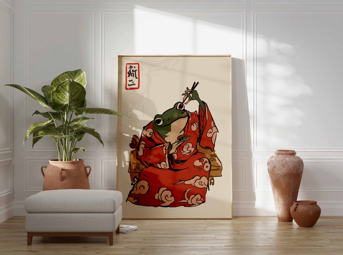 Japanese Frog Kimono Pipe Smoking Brush Painting Humor Poster - Image 2