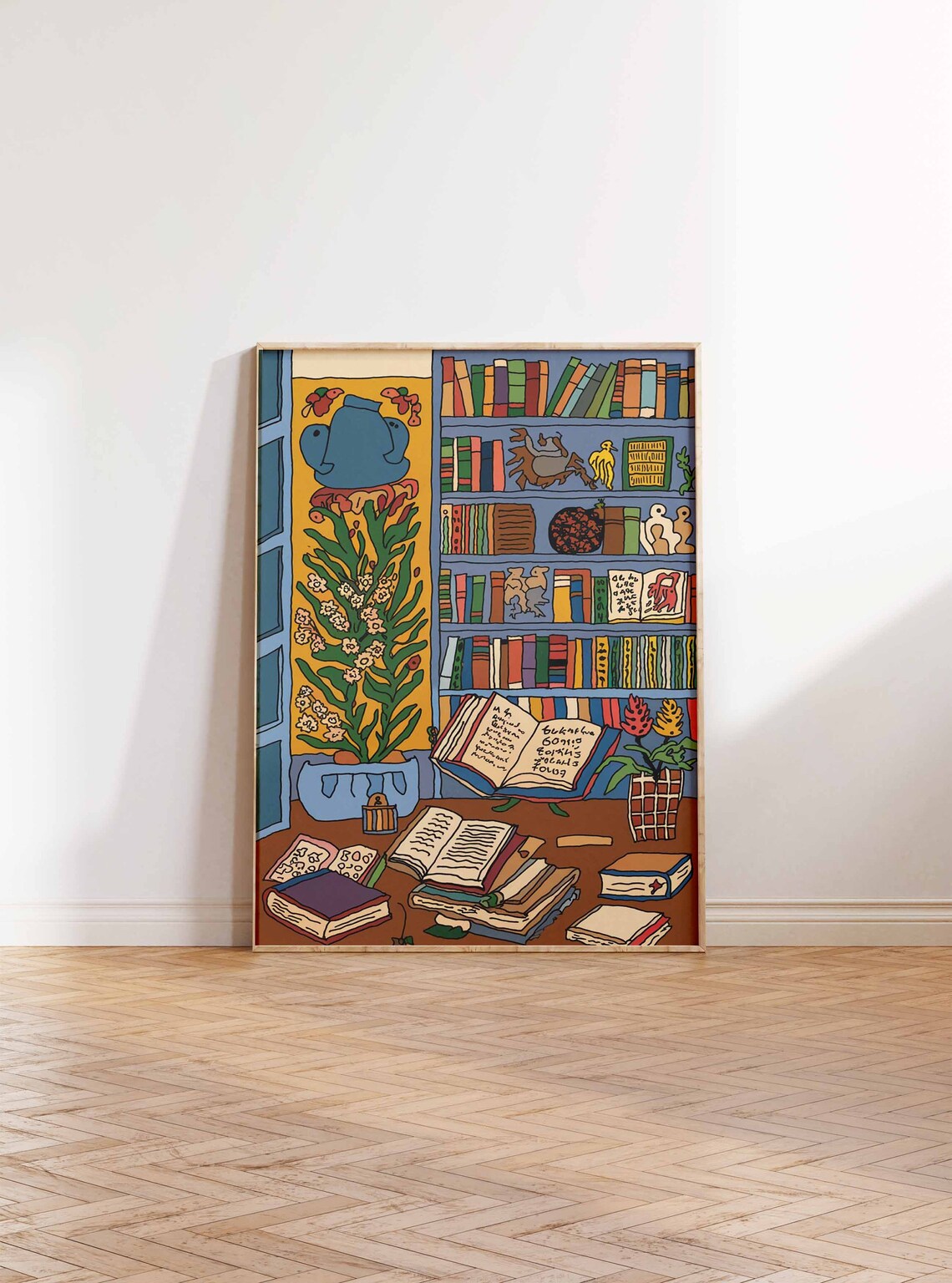 Whimsical Library Poster with Teapot Plants and Open Books Illustration - Image 2