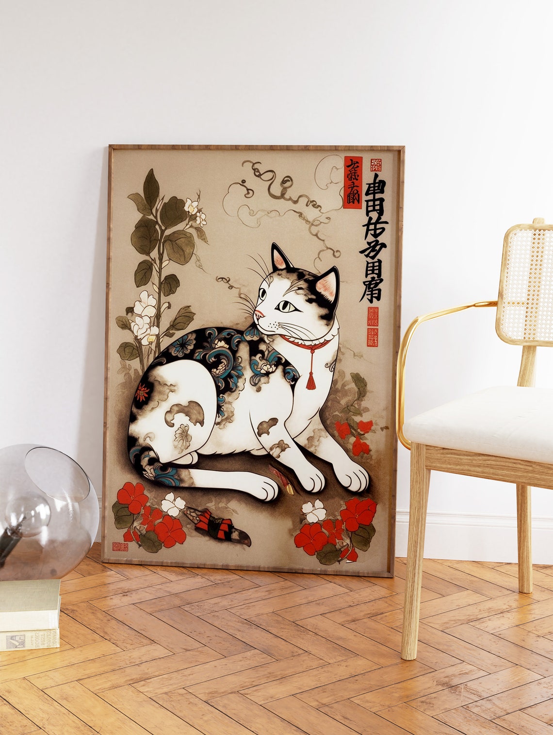 Japanese Tattooed Cat Ukiyo-e Style Floral Woodblock Art Poster - Image 2