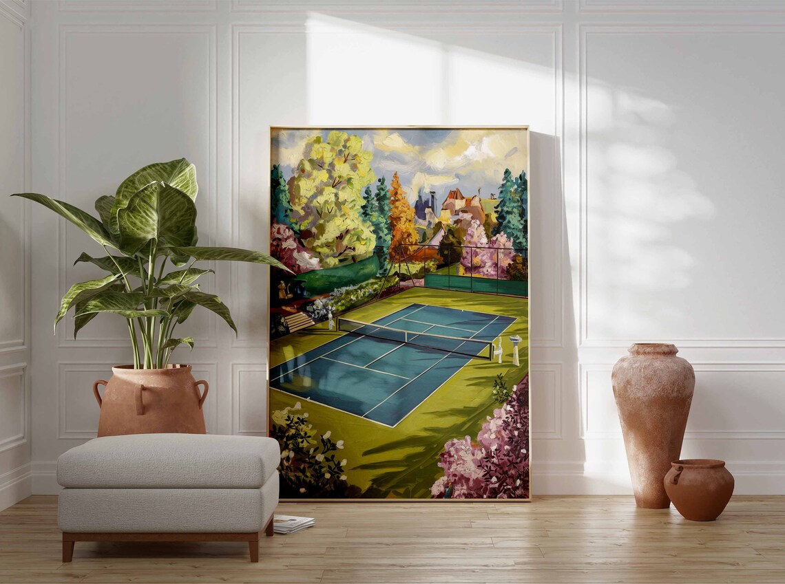 Vintage Impressionist Tennis Court Castle Garden Blossom Poster - Image 2