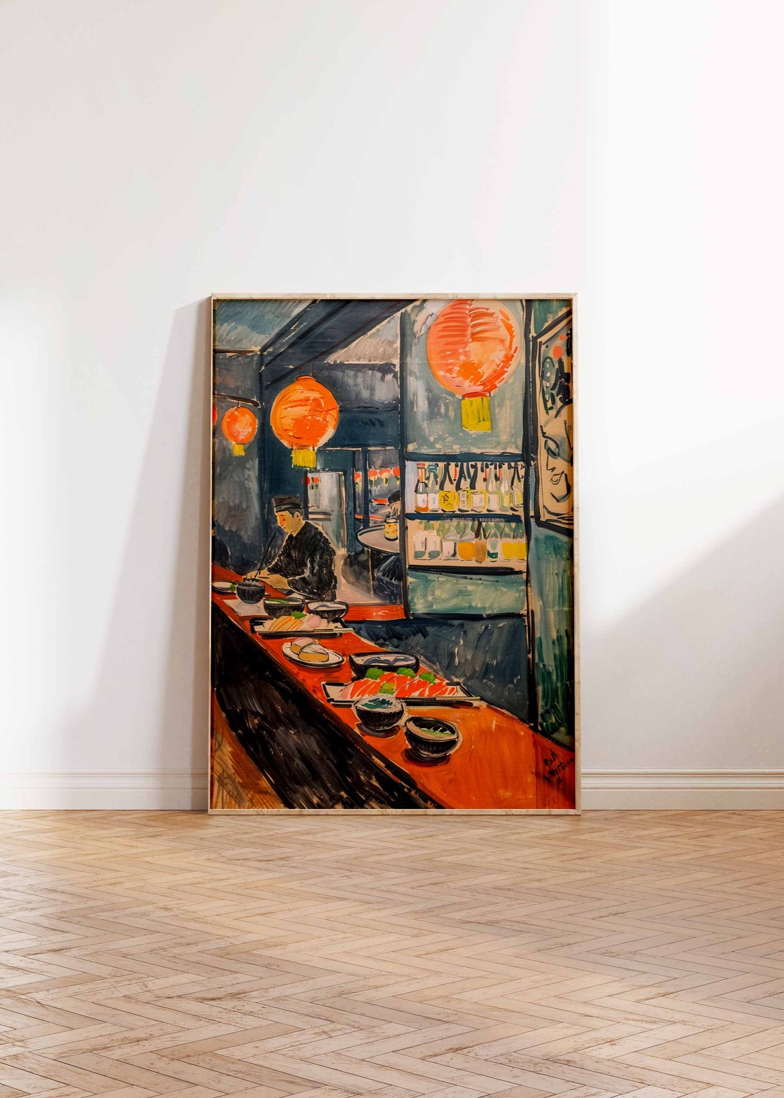 Japanese Sushi Chef Counter Orange Lanterns Sake Bottles Art Poster - Image 2