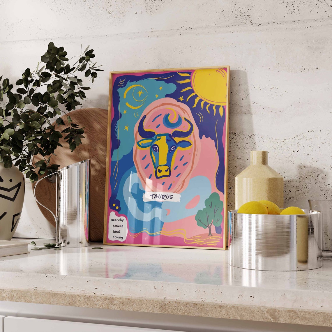 Taurus Zodiac Bull Colorful Pink Blue Celestial Star Sign Poster - Image 3
