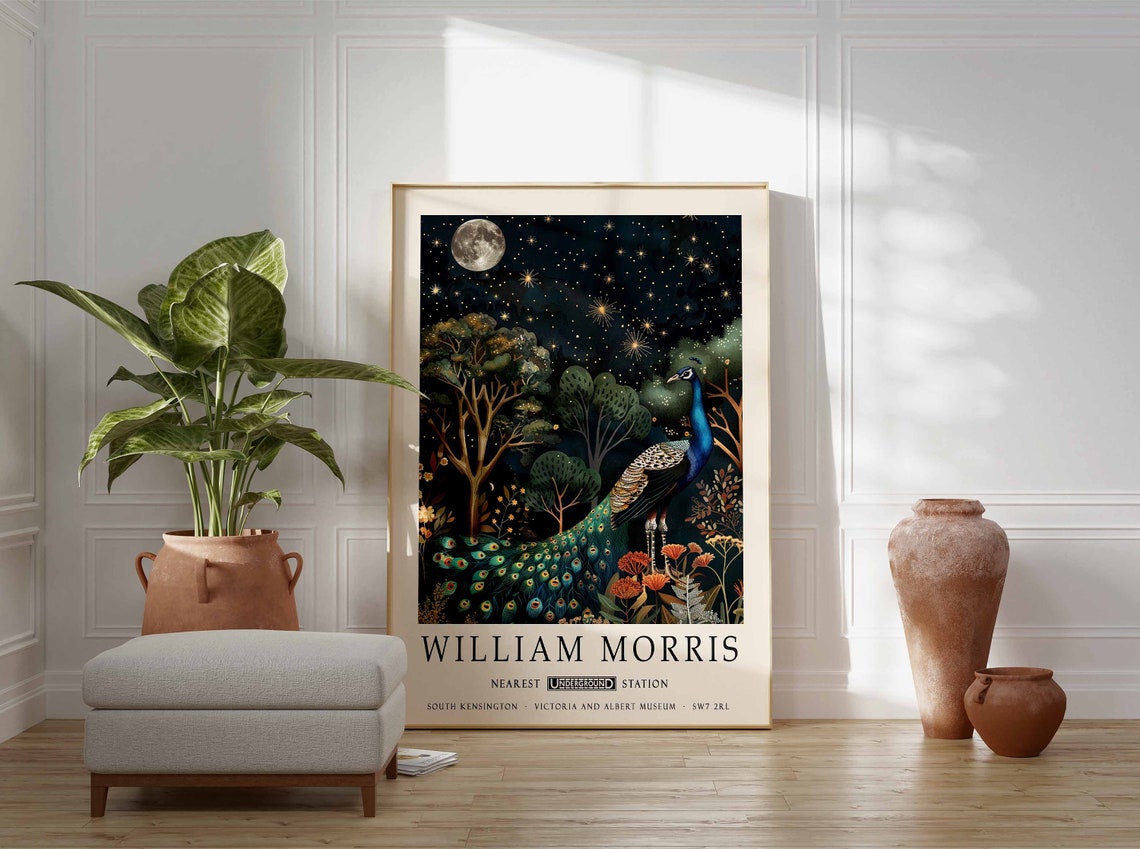 William Morris Peacock Under Starry Moonlit Night Sky Poster - Image 3