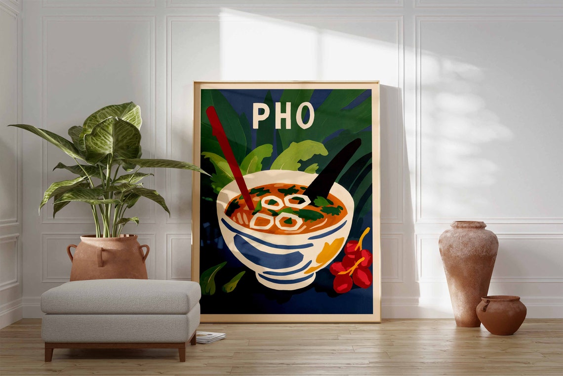 Vietnamese Pho Bowl Chopsticks Tropical Leaves Kitchen Art Poster - Image 3