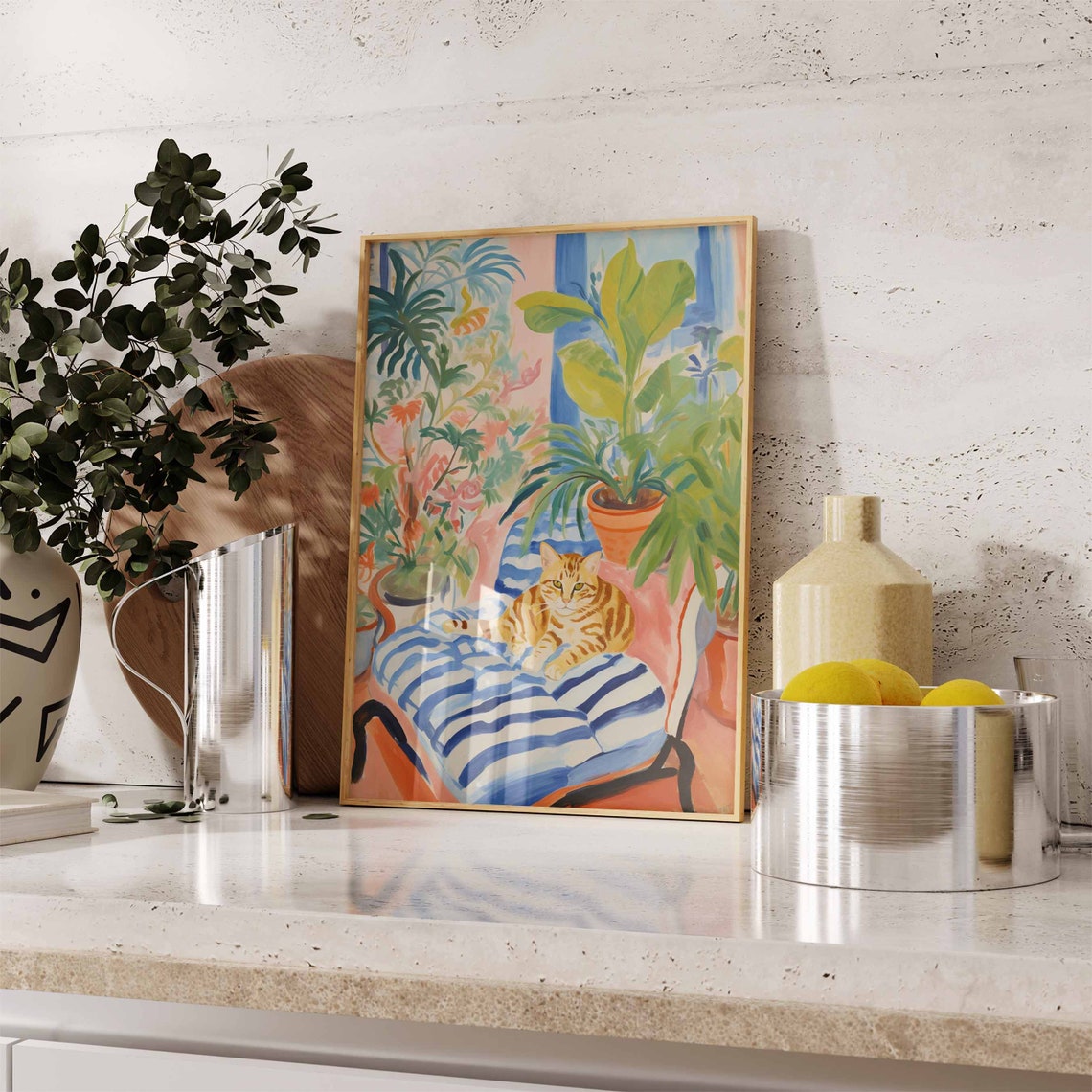 Orange Tabby Cat Resting on Striped Chair Among Plants Poster - Image 3