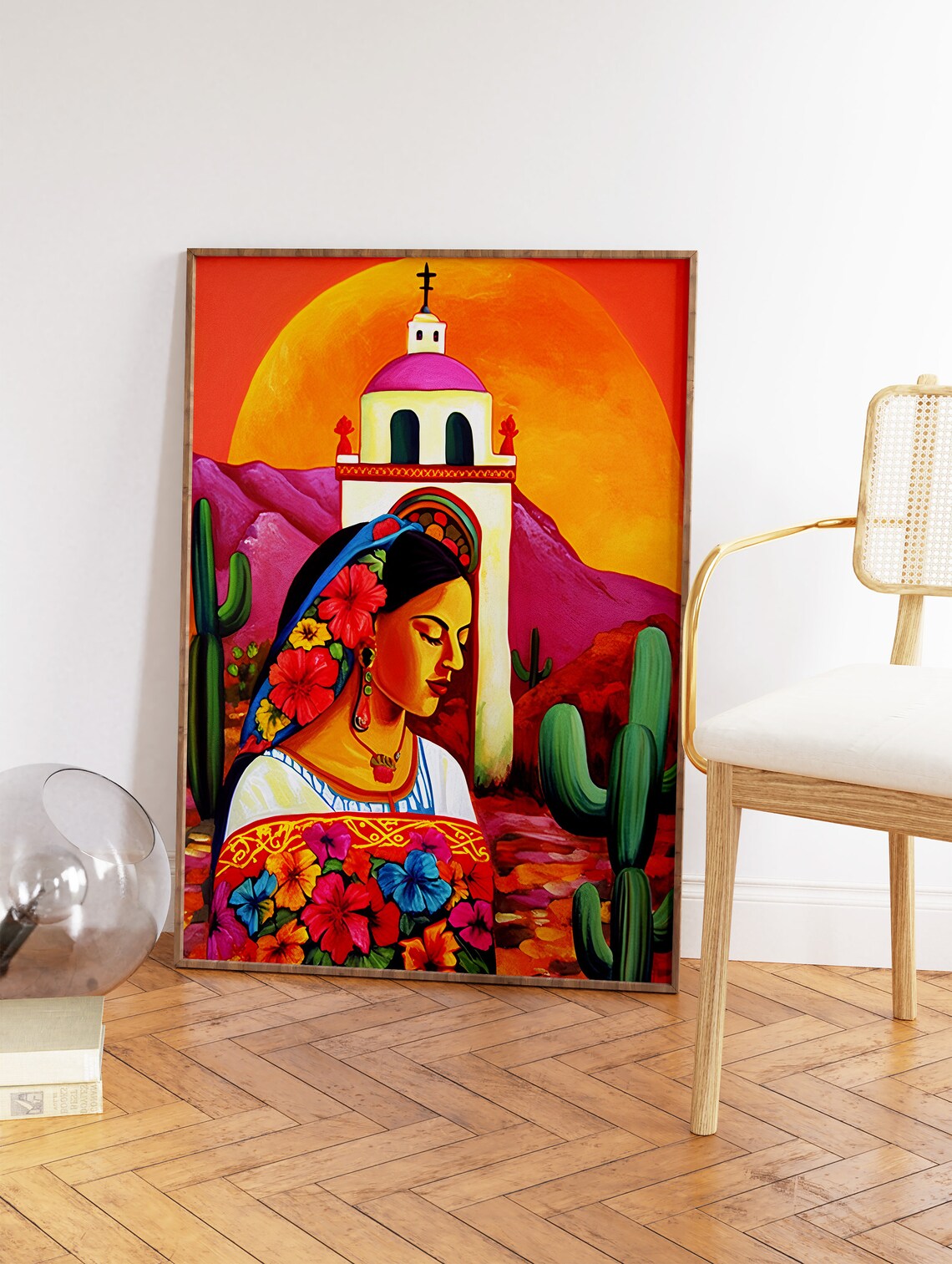 Mexican Woman in Floral Folk Dress with Mission Church Poster - Image 2