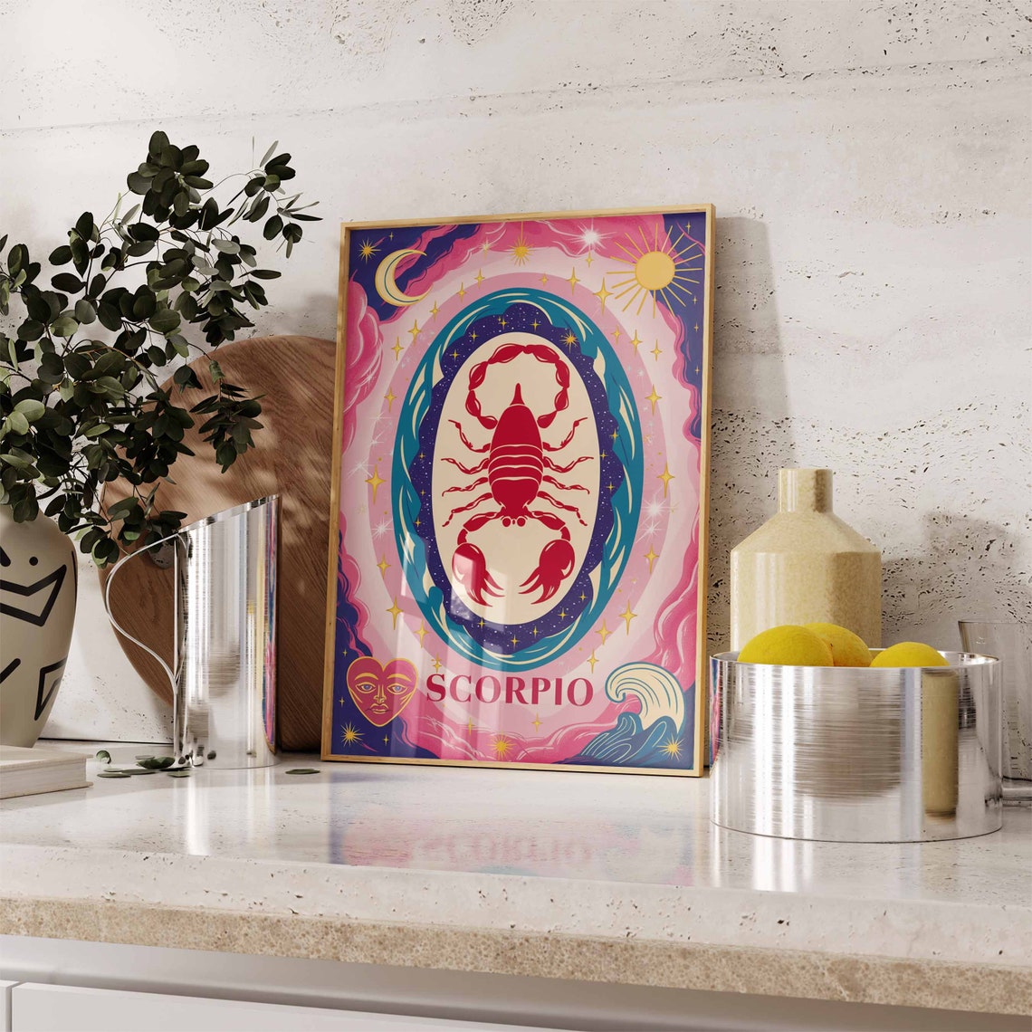 Scorpio Zodiac Scorpion Teal Ring Pink Cosmic Starry Art Poster - Image 3