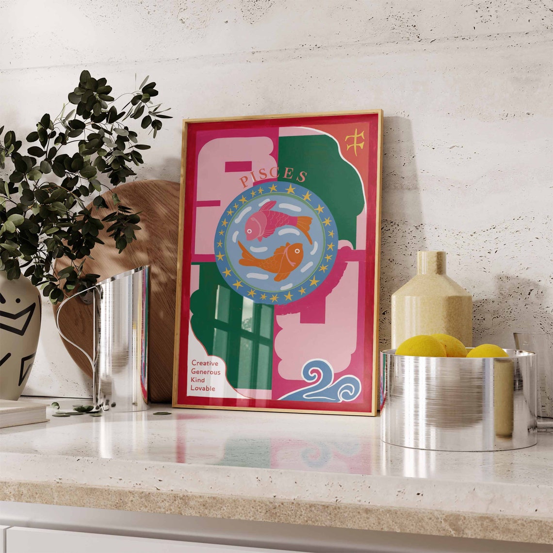 Pisces Zodiac Two Fish Pink Green Geometric Star Circle Poster - Image 3