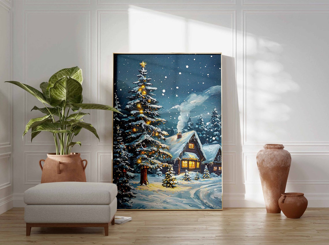 Snowy Cabin At Night With Glowing Christmas Tree Winter Poster - Image 3