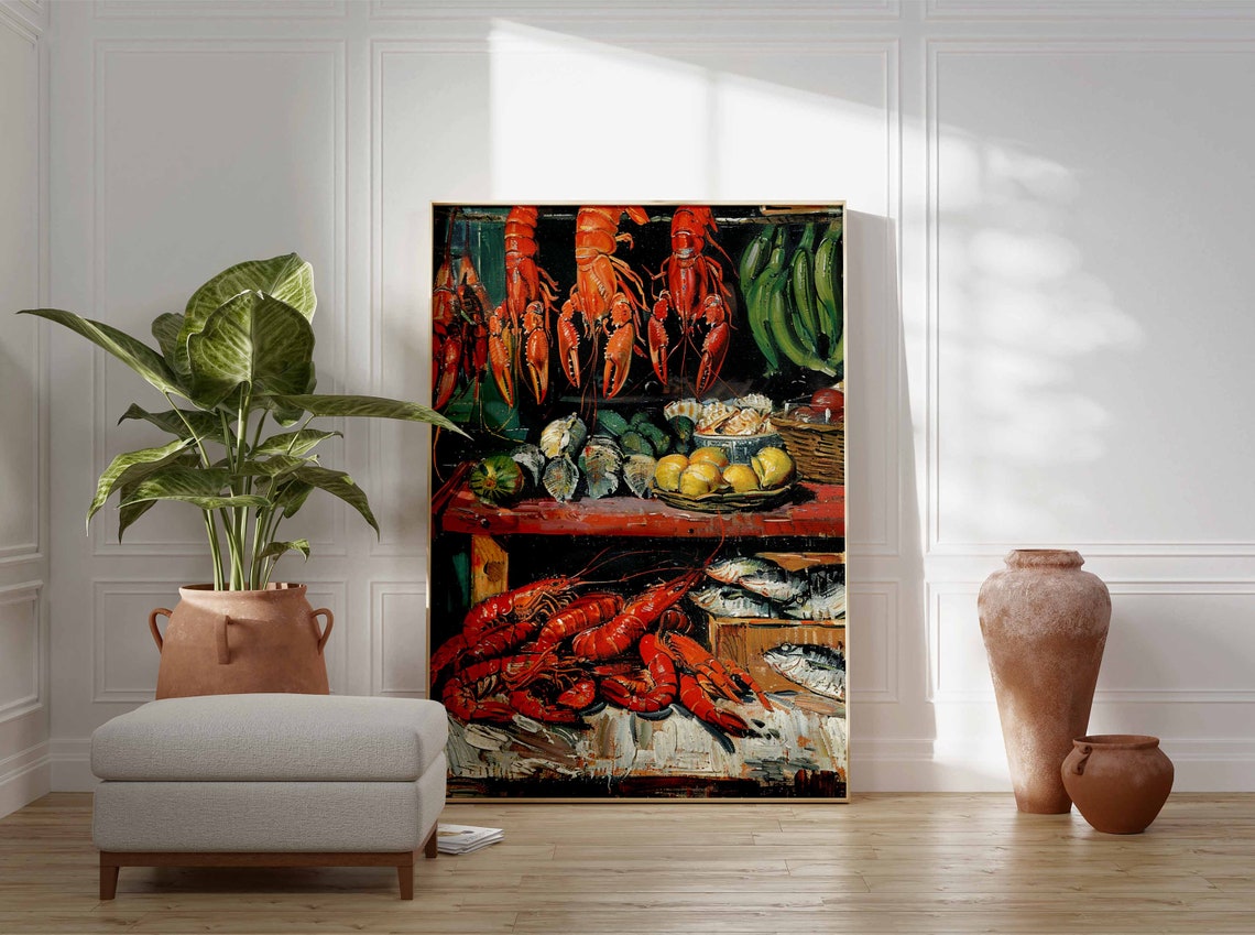 Hanging Lobsters Seafood Counter Abundant Still Life Painting Poster - Image 3
